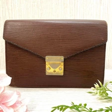 GIANNI VERSACE Brown Leather Envelope Clutch Bag with Gold Hardware - Auth