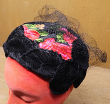 Vintage 1960's Black Pink Velvet  Mesh Fascinator Dress hat
