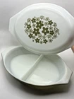 VTG Pyrex Divided Casserole 1 QT Spring Blossom Crazy Daisy Green Dish Oval Lid