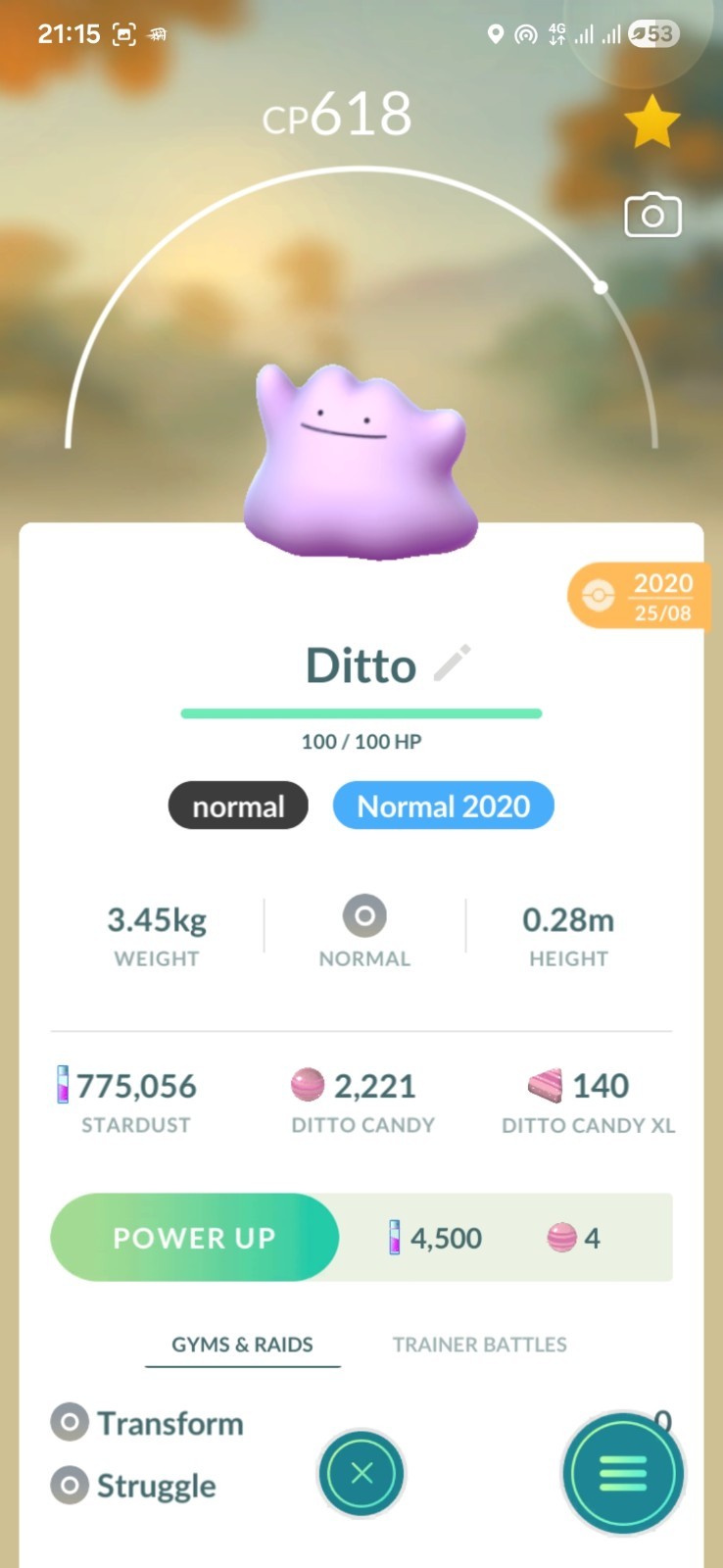 Ditto ( Caught In 2020 ) Pokemon Tr@de Go
