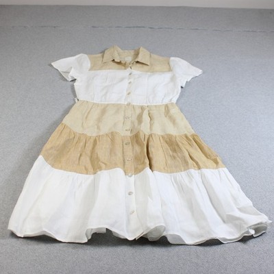120% Lino Linen Dress Women 44 Beige White Colorblock Shirt Maxi Coastal  Boho | eBay