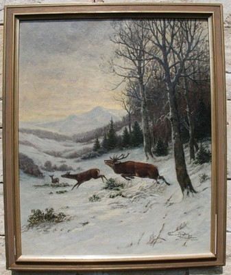 F r e i t a g, Clemens; Rotwild im Hochgebirge; Jagdgemälde; Jagdmaler;