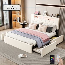 NEW STORAGE UPHOLSTERED BED FRAME 4FT6 DOUBLE WITH CHARGING PORT & LED LIGHT