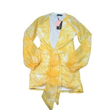NWT PrettyLittleThing Yellow Tie Dye Chiffon Long Sleeve Bodycon Dress Size 4