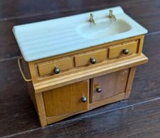 Dollhouse Porcelain Sink wood Cabinet Kitchen Island Mini 3 Doll Furniture Vtg