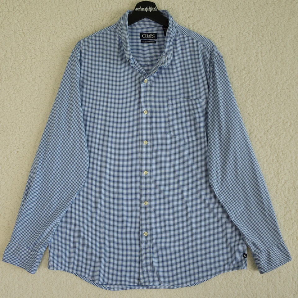 Camisa Chaps Para Hombre XL Azul Blanco Cuadros Rendimiento Manga Larga Abotonada Golf  Foto 2 de 4