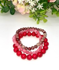 3pc Women Bracelet Set Natural Stone Crystal Elastic Beaded Rose, Pink Tones