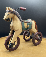 Hand Painted  Crafted Folk Art Wooden Horse Tricycle with Yarn Tail Vtg 1970's