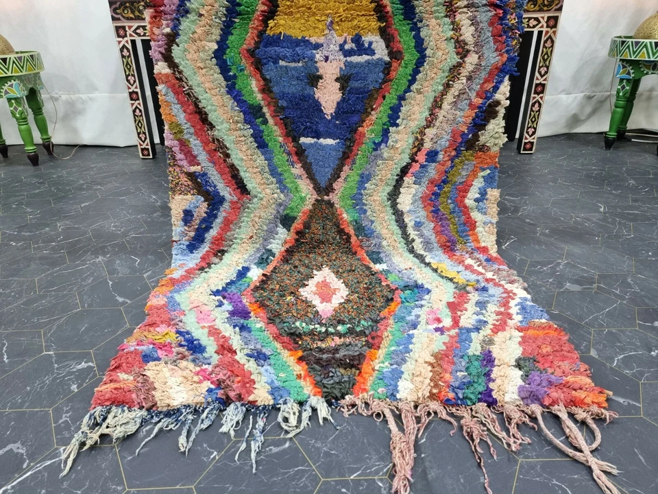 Moroccan Handmade Vintage Boucherouite Rug 2'6"x5' Berber Geometric Blue Carpet - Image 4 of 4