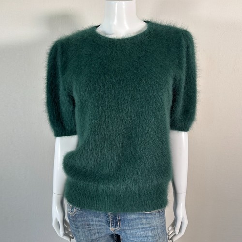 80% Angora Fuzzy Vintage VENESHA Green Puff-Sleeve Pullover Sweater 38 in bust