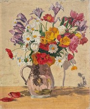 Bouquet of flowers in pear jug, art deco, oil on canvas