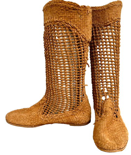 Tapeet Vicini Italy LIGHT BROWN Leather Open Weave/Crochet Boots Size 38.5 US 8 - Picture 7 of 23