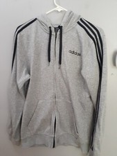 Mens Adidas Essentials Gray Full Zip Hoodie w/ Black Stripes Size Small Flawed