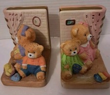 Vintage Adorable Ceramic Teddy Bear Family Book ENDS In GREAT CONDITION