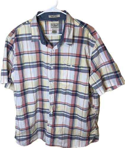 LL Bean Herren XL Kurzarm Knopfleiste kariert Flanell gelb & weiß gebraucht