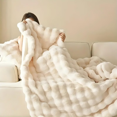 Premium Kaninchen Kunstfell Weich Überwurf Decke Luxus Warm Kuschelig Strukturiert Off White