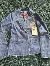 Love Stitch Blazer Womens Size S Embroidered Jacket Striped Blue Pink New