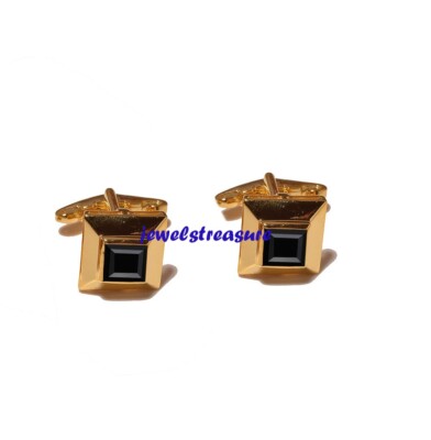 Natural Black Onyx Stone 925 Sterling Silver Gold Plated Cufflinks For Men's #89