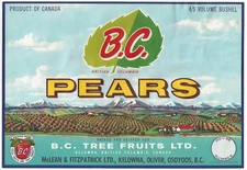 Original BC pear crate label Kelowna, Oliver & Osoyoos, British Columbia McLean