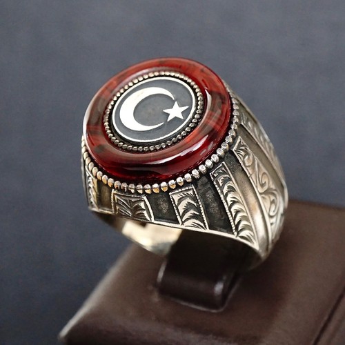 Sterling Silver Men's Ring Crescent Star red Amber Engraved Turkish Jewelry 925 - Picture 4 of 24