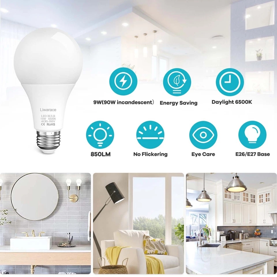 150W Equivalent LED Light Bulbs E26 Base - A19 Daylight 6500K Energy Saving Lamp - Image 2 of 4