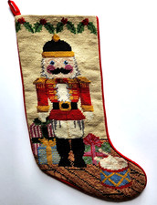 VTG Needlepoint Nutcracker Christmas Stocking Wool Red Velvet Back Lined 18" L