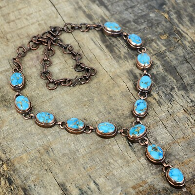 #ad Copper Blue Turquoise Gemstone Electroformed Anniversary Chain Necklace Copper $34.50
