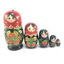 Vtg Russian Wooden Nesting Dolls Hand Painted Strawberries Ladybug 5 Piece 4”