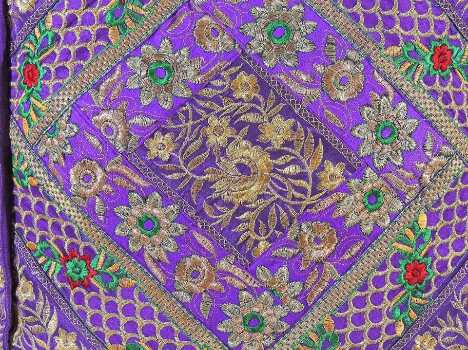 Purple Gold Embroidered Pouf Footstool Cover - Trendy Ethnic Indian Ottoman 18" - Image 4 of 4