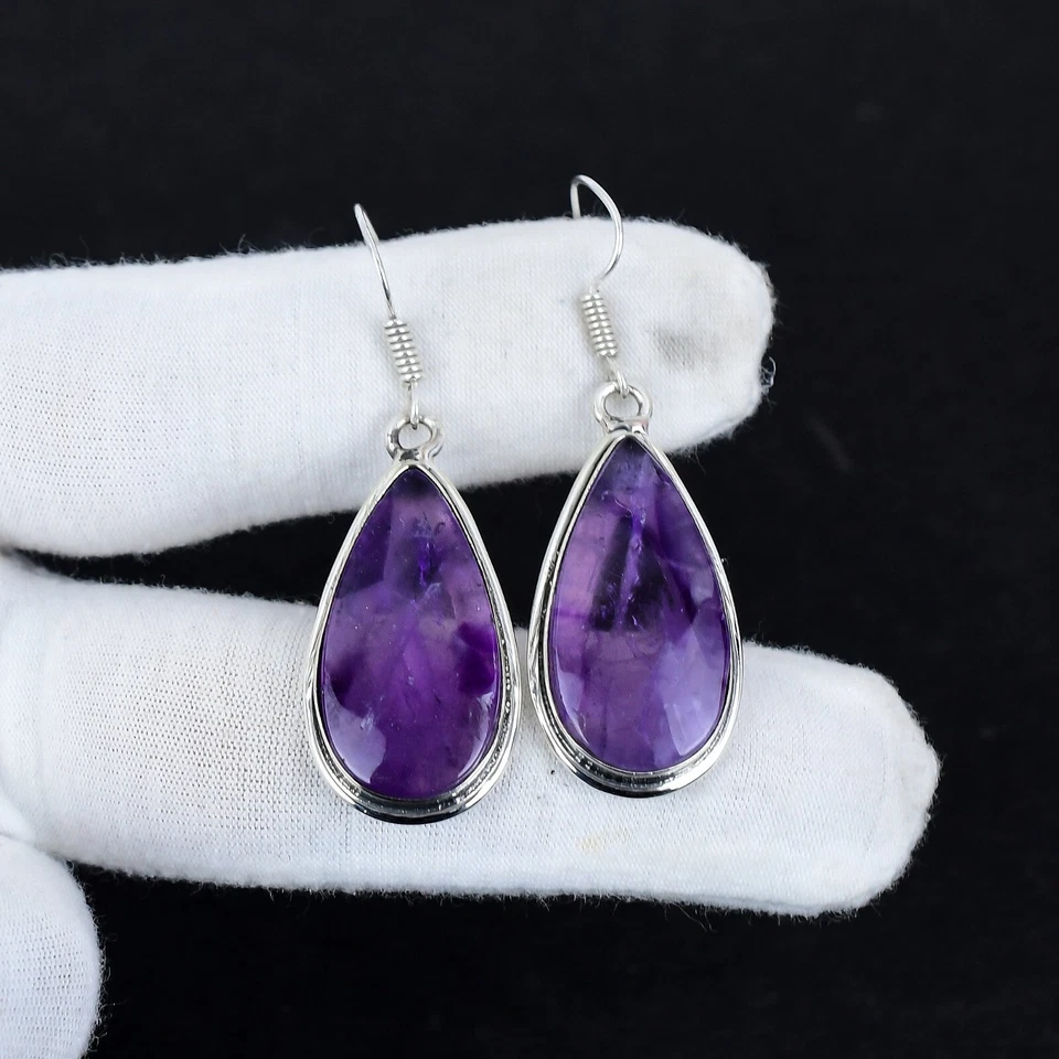 Naturale Ametista Gemma Orecchini 925 Argento Sterling Mano Gioielli per Regalo - Immagine 2 di 4
