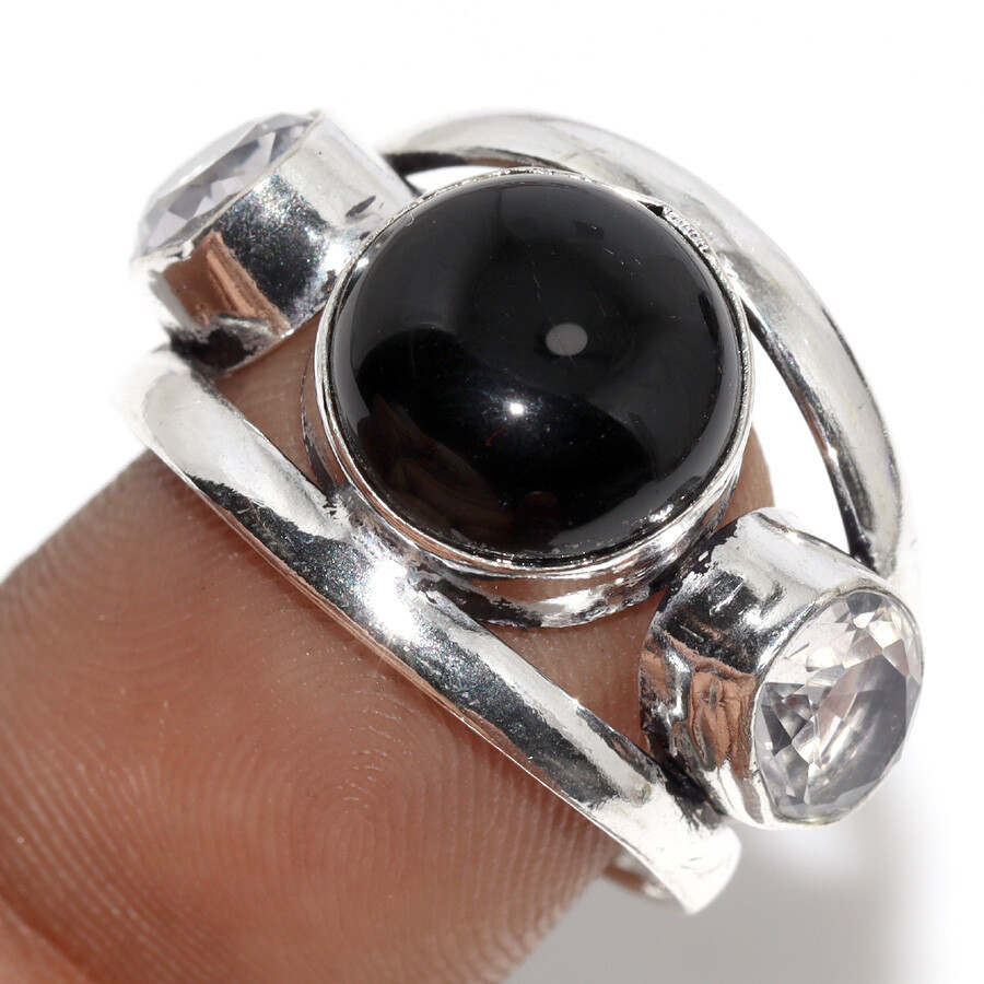 Black Obsidian & Topaz 925 Silver Ring - Size 7.5 US