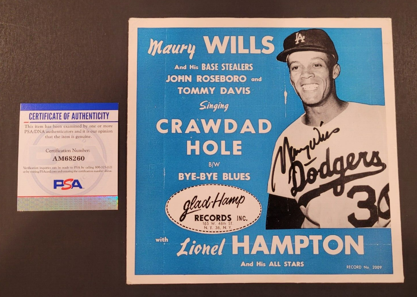 Maury Wills Autographed Signed Los Angeles Dodgers Rare Glad Hamp Record-Lionel Hampton--PSA 