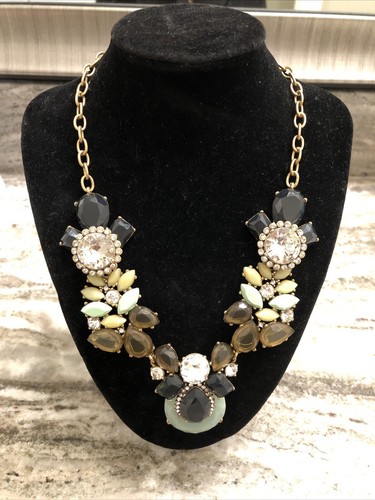 J Crew Statement necklace mint green, black, clear rhinestone with dust Bag