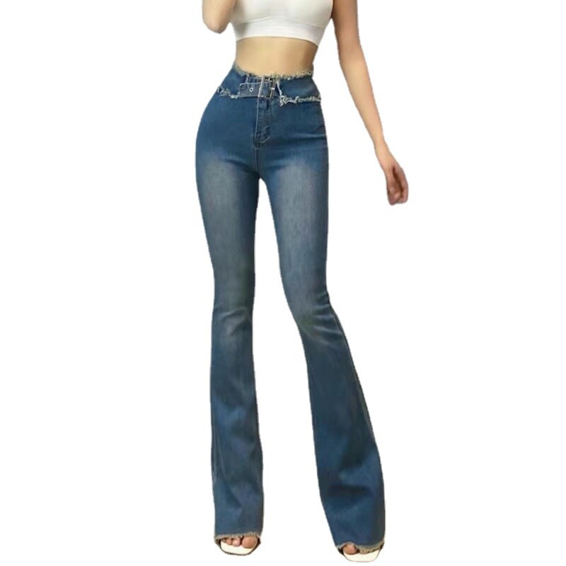 Retro Women High Waist Slim Flare Jeans Bell Bottom Raw Hem Stretch Denim  Pants - Main Image