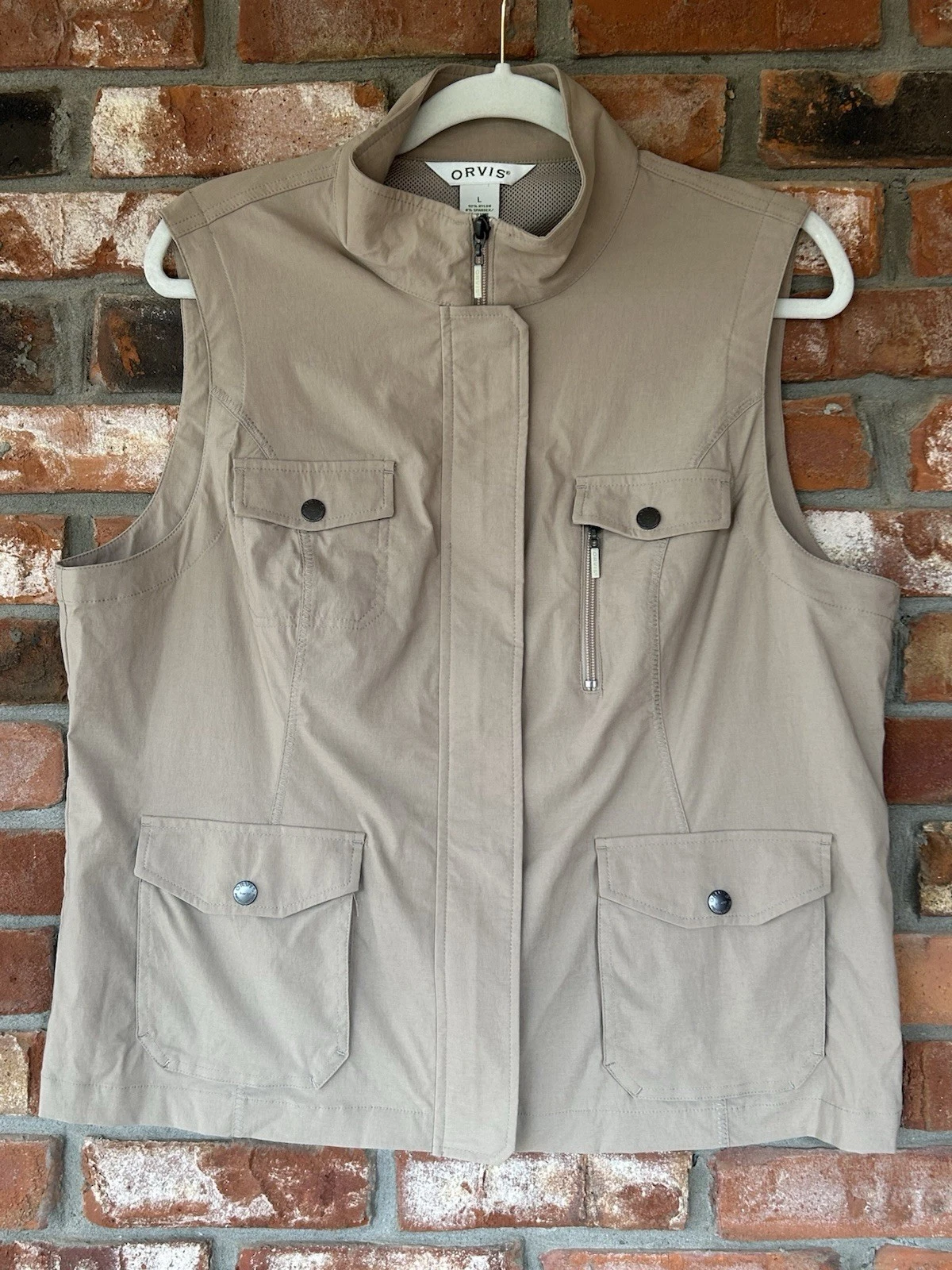 Orvis Fishing Vest Women's Khaki Hunting Fishing Utility Tan Pockets Zip Large