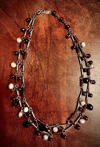 Jay Strongwater Double Chain Necklace Freshwater Pearls Amethyst Garnet Crystal