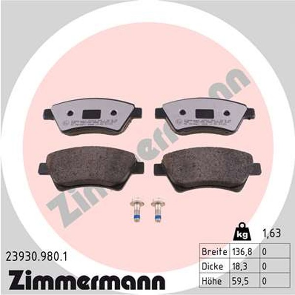 Zimmermann Bremsbelagsatz Scheibenbremse Rd:Z 23930.980.1 FüR Renault Kangoo KM0-image