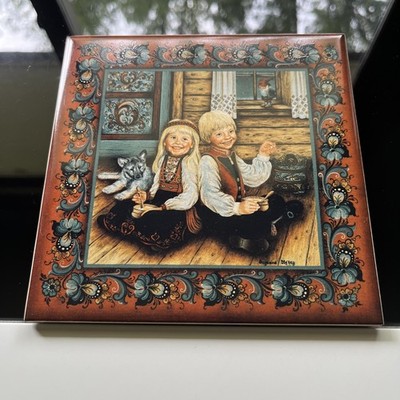 Suzanne Toftey  ''Rice Pudding Kids'' Ceramic Tile Trivet Scandinavian Nordic