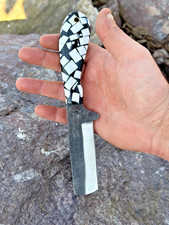 HAND FORGED  RAIL ROAD BULL CUTTER/COWBOY KNIFE  & RISEN HANDLE AH DAMASCUS-1234