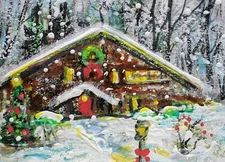 ACEO Original  PAINTING Winter XMAS HOUSE Cabin Trees Snow Holiday Landscape ART