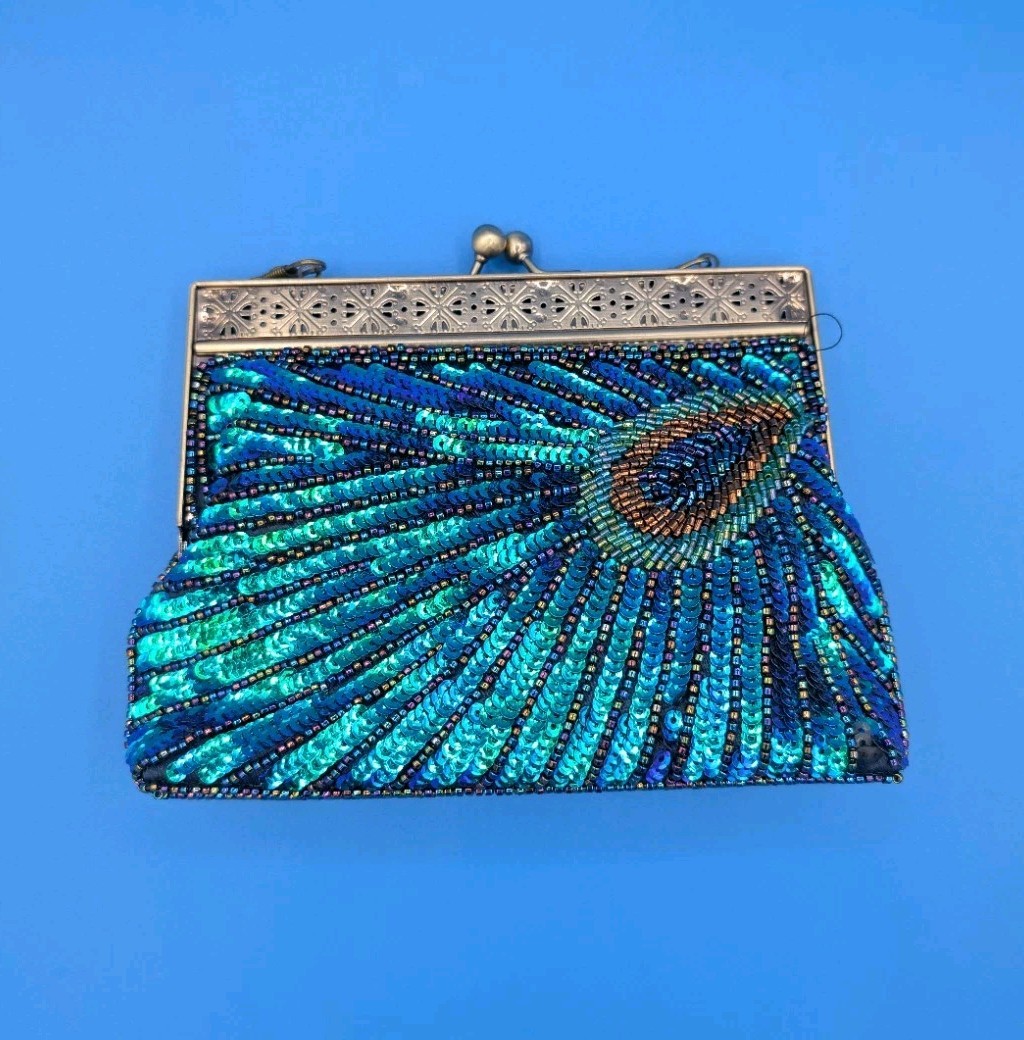 Peacock Feather Pattern Bead & Sequen Evening Bag… - image 2