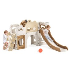 7 in 1 Kids Slide and Swing Set Toddler Climber Slide Playset w Telescope Tunnel