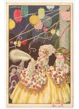 A. Bertiglia antica cartolina deco bambini ballo in maschera lanterne -Difetto