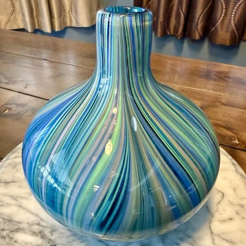 VTG Heavy Murano Glass Swirl 7” Hand Blown Vase Blue Green Black Purple Italy
