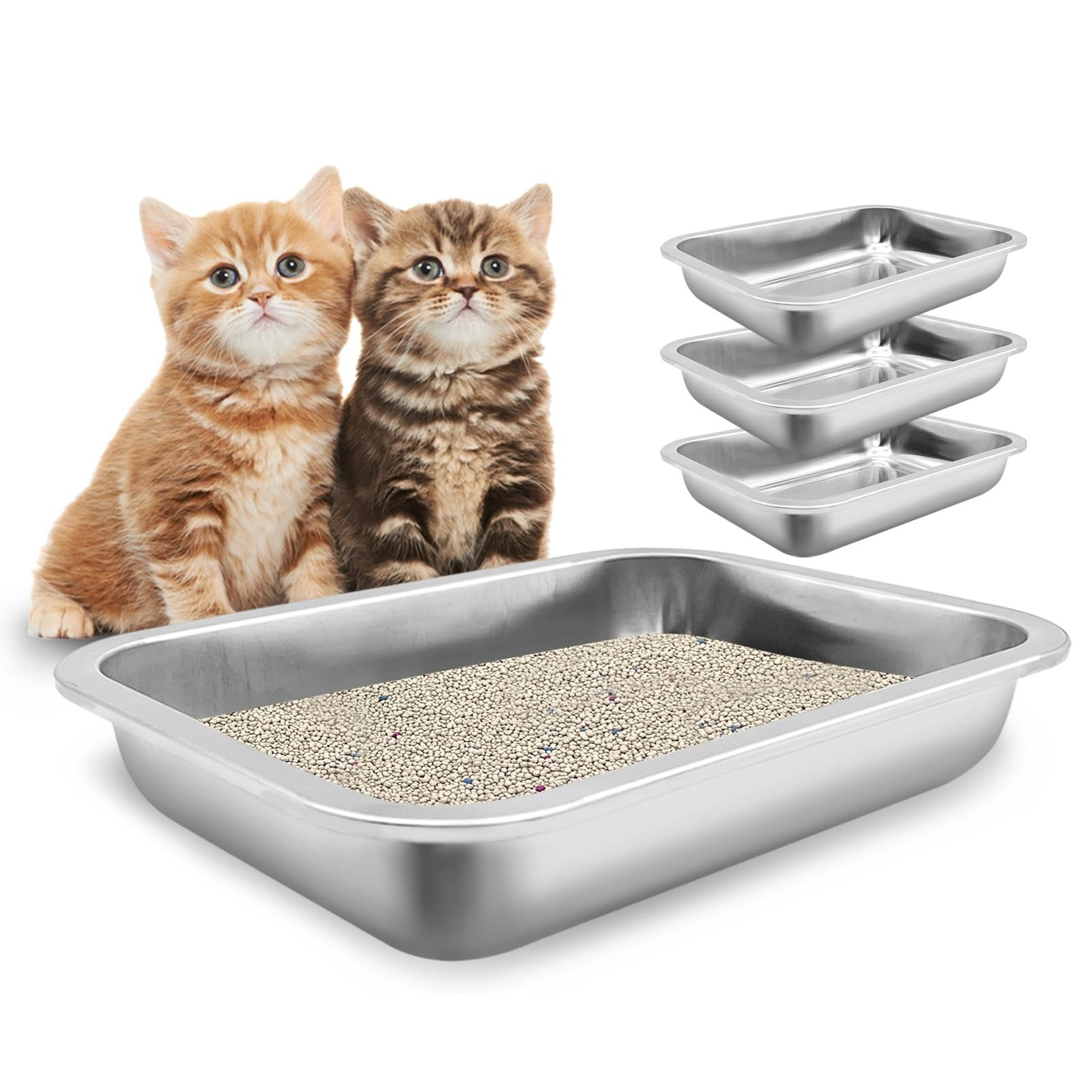 4Pack Stainless Steel Kitten Litter Box, Small Size Low Entr
