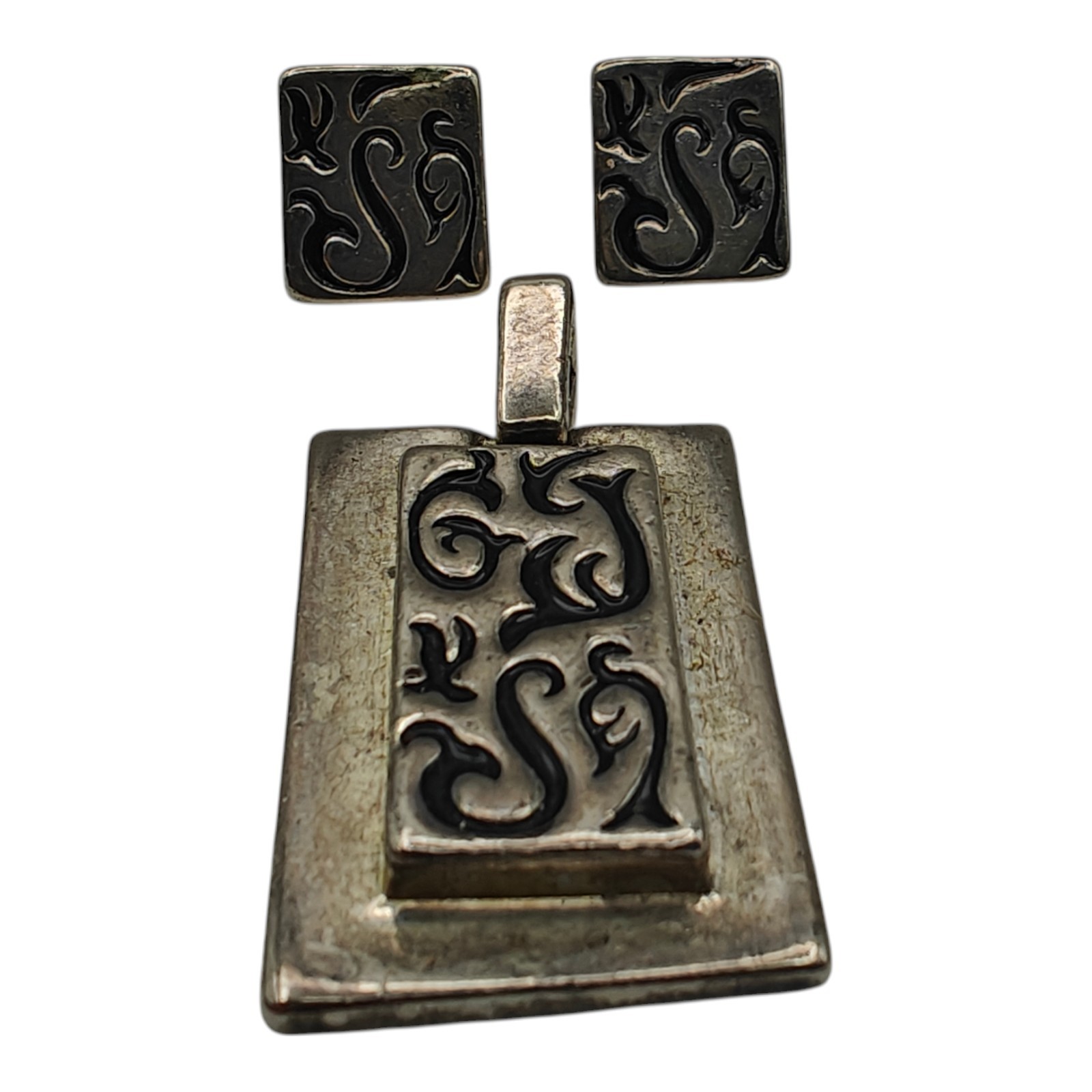 Scrolled Rectangle Charm And Earrings Pendant Sil… - image 2