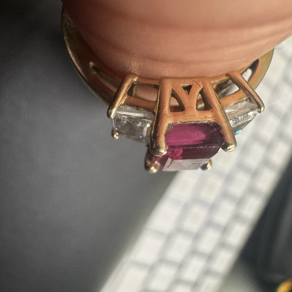 Anillo de compromiso - Diamante trapezoidal natural y turmalina oro 14k - Talla 5 3/4 Foto 4 de 4