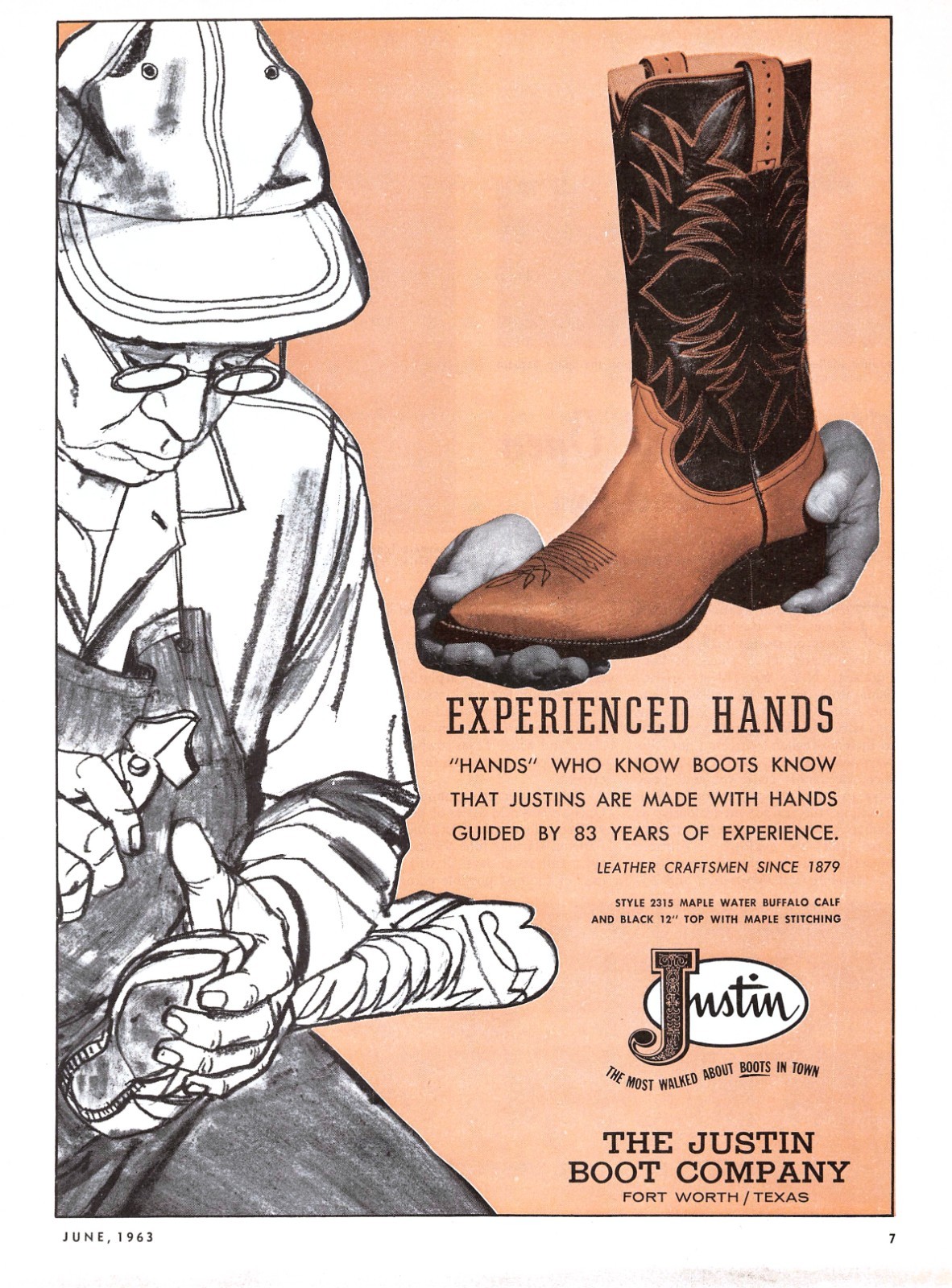 Justin Boot Company Experienced Hand Craftsmen Fort Worth Texas Vtg Mag Print Ad