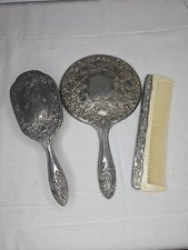 Vintage 3pc. Silver Plated Victorian Mirror/Brush/Comb Set Ornate Silver Plated