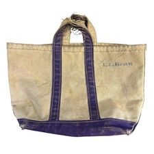 Vintage 60s 70s LL Bean Cream Purple Boat Tote Canvas Bag Distressed Stamped